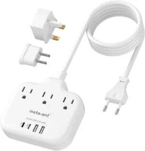 European Travel Plug Adapter, International Power Adapter, US to UK Europe Power Strip for EU/UK/US with 3 AC Outlets & 4 USB(2 USBC), 5ft Extension Cord, Type C for EU UK Europe Germany France, White