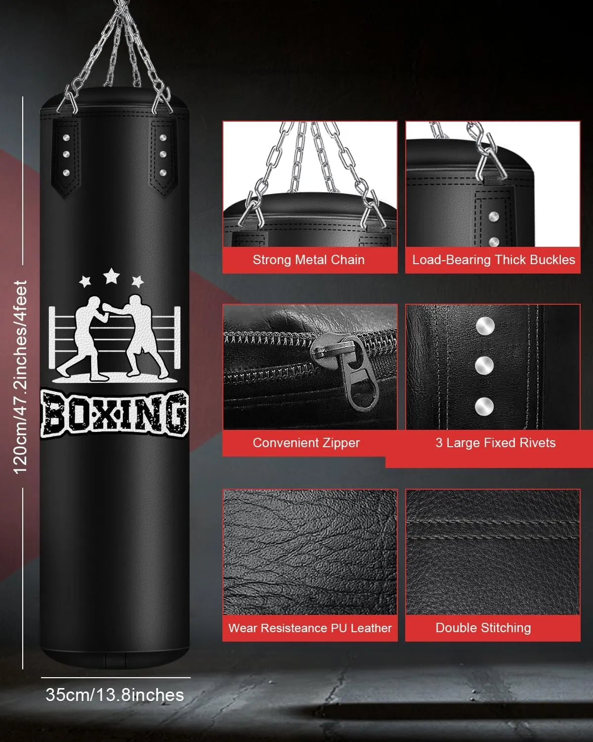 Filled Punching Bag for Adults, 4FT PU Leather Hanging Boxing Bag with 11lb Sponge Filler & 12OZ Boxing Gloves, Heavy Kicking Bag Boxing Equipment for MMA Training Karate Kickboxing