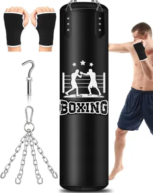 Filled Punching Bag for Adults, 4FT PU Leather Hanging Boxing Bag with 11lb Sponge Filler & 12OZ Boxing Gloves, Heavy Kicking Bag Boxing Equipment for MMA Training Karate Kickboxing