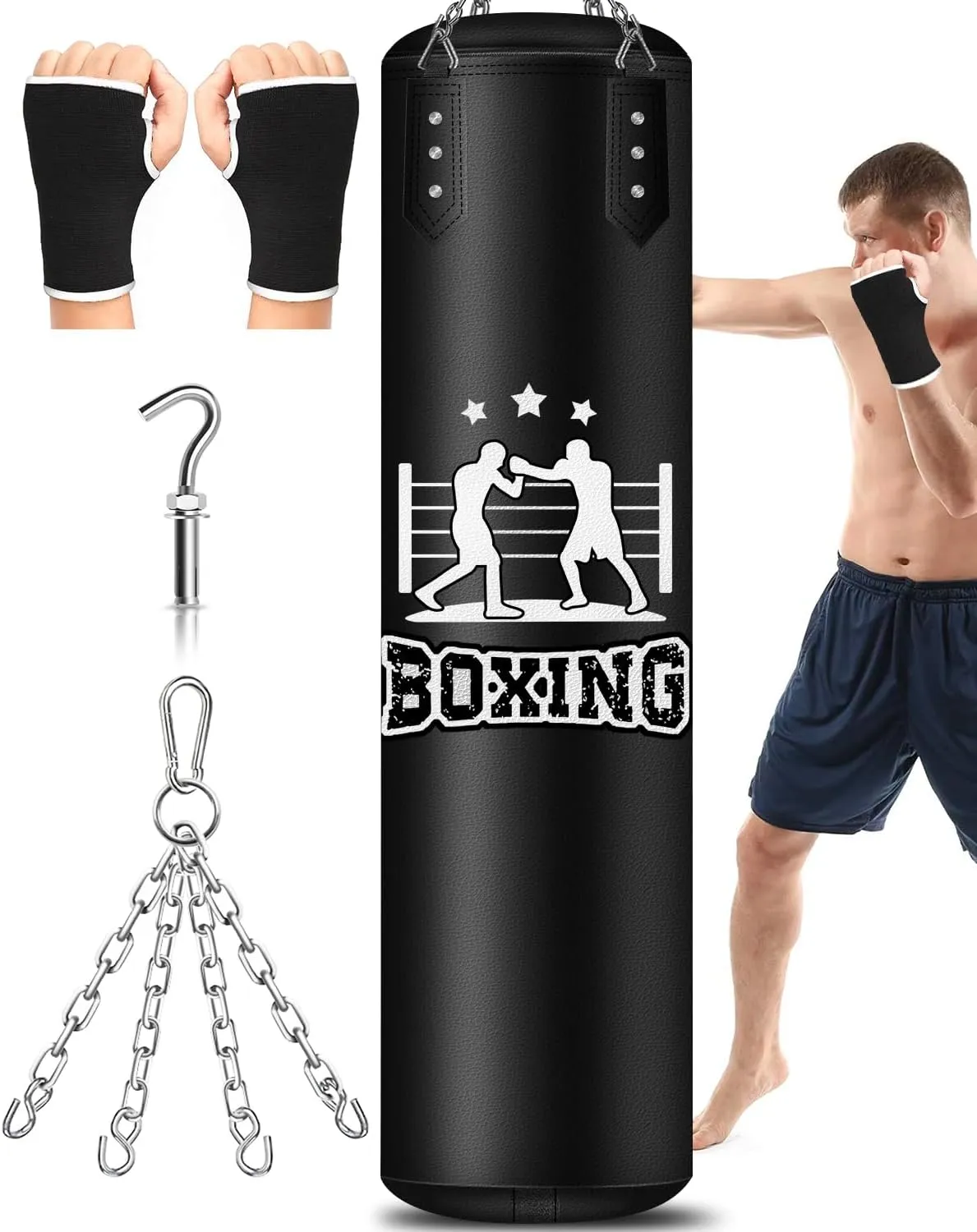 Filled Punching Bag for Adults, 4FT PU Leather Hanging Boxing Bag with 11lb Sponge Filler & 12OZ Boxing Gloves, Heavy Kicking Bag Boxing Equipment for MMA Training Karate Kickboxing
