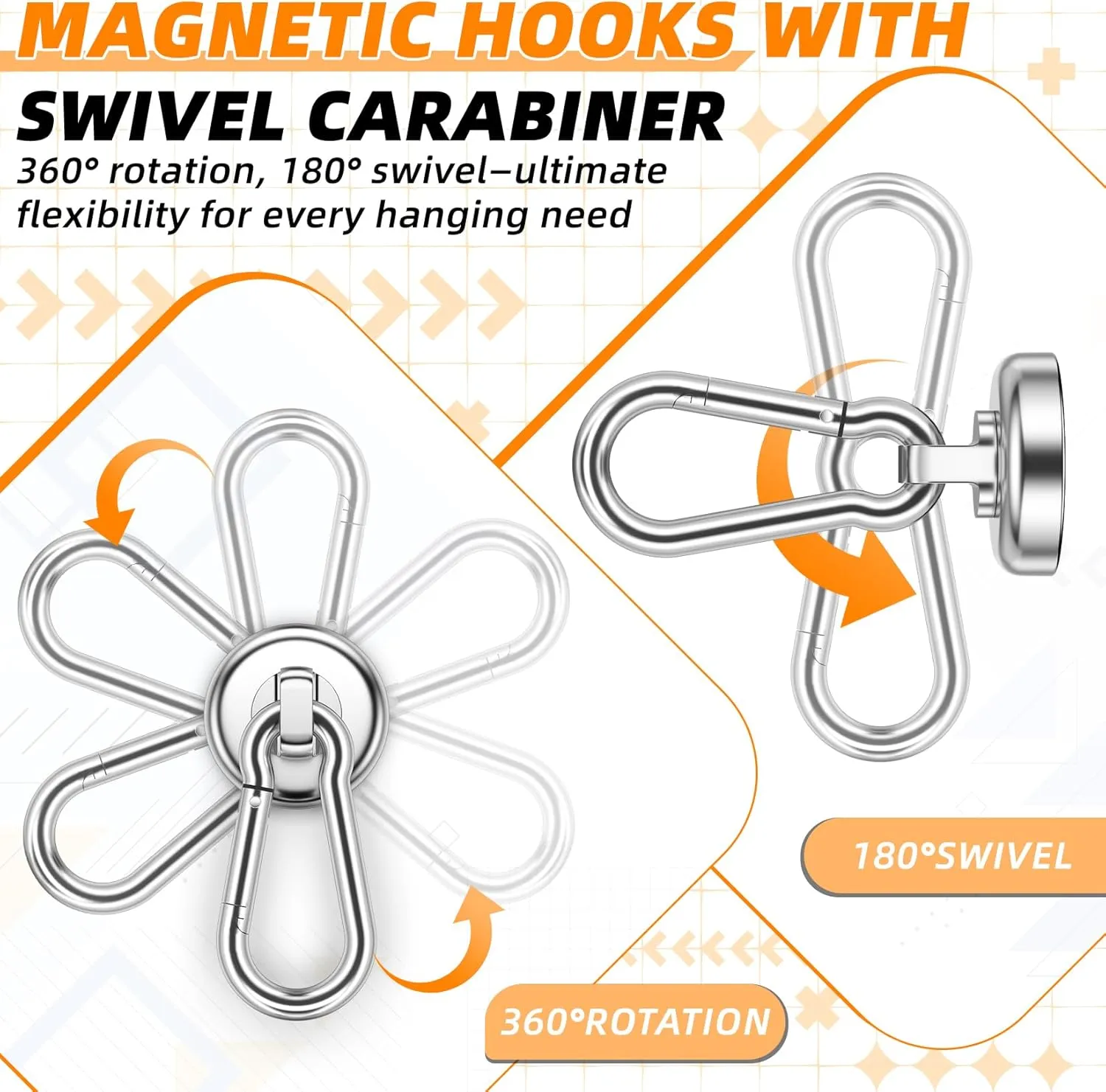 FINDMAG 10 Pack Strong Neodymium Magnetic Hooks Heavy Duty with Swivel Carabiner, 70LBS Magnet Hooks for Hanging, Magnet with Hook for Kitchen, Home, Warehouse, School