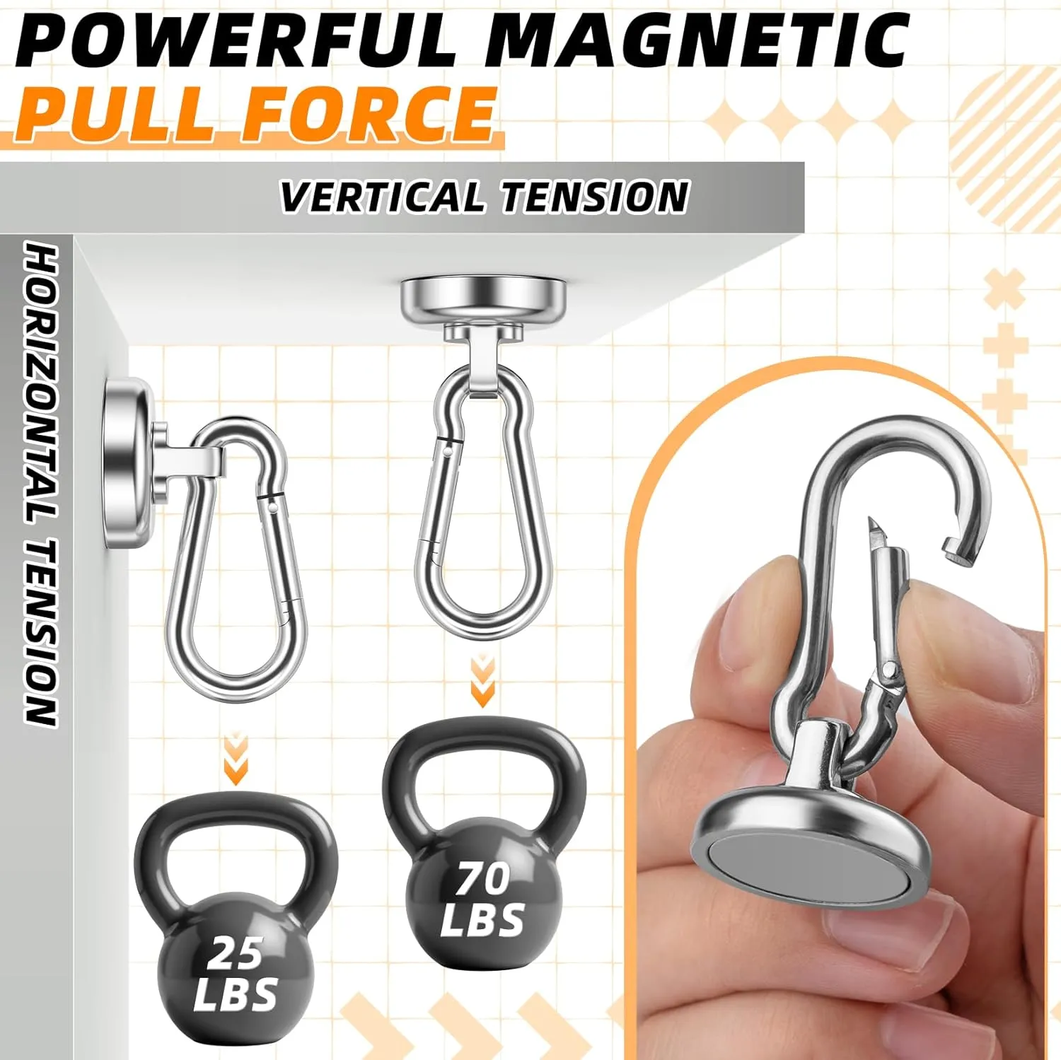 FINDMAG 10 Pack Strong Neodymium Magnetic Hooks Heavy Duty with Swivel Carabiner, 70LBS Magnet Hooks for Hanging, Magnet with Hook for Kitchen, Home, Warehouse, School