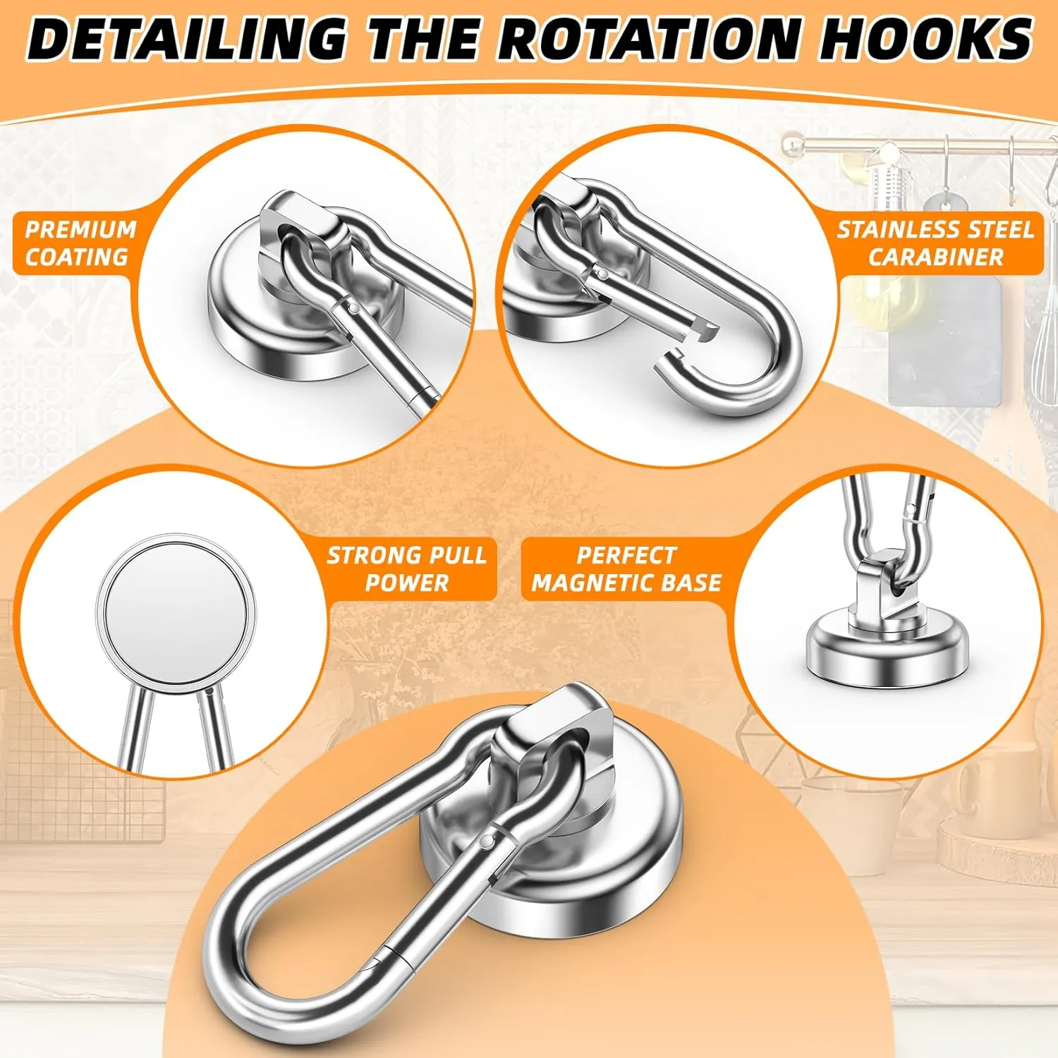FINDMAG 10 Pack Strong Neodymium Magnetic Hooks Heavy Duty with Swivel Carabiner, 70LBS Magnet Hooks for Hanging, Magnet with Hook for Kitchen, Home, Warehouse, School