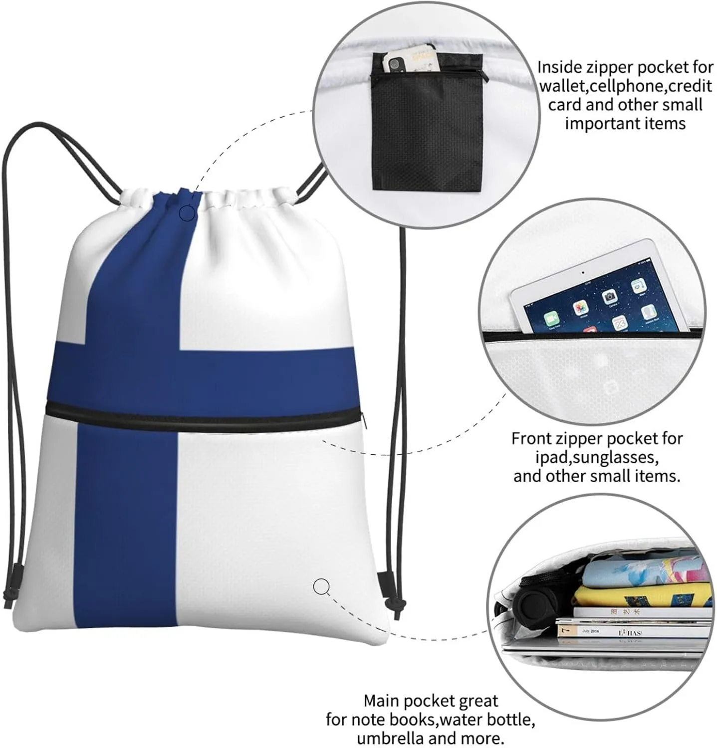 Finnish Flag Drawstring Backpack For Bike Riding, String Cinch Bag For Men Women