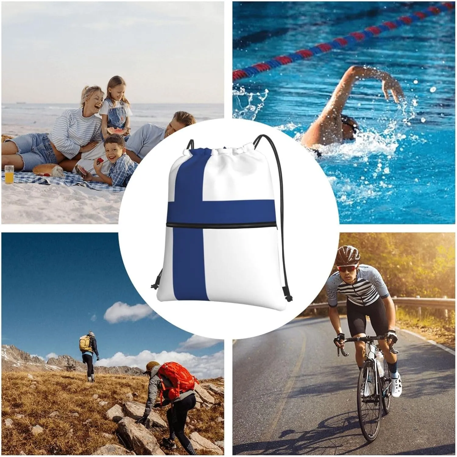 Finnish Flag Drawstring Backpack For Bike Riding, String Cinch Bag For Men Women