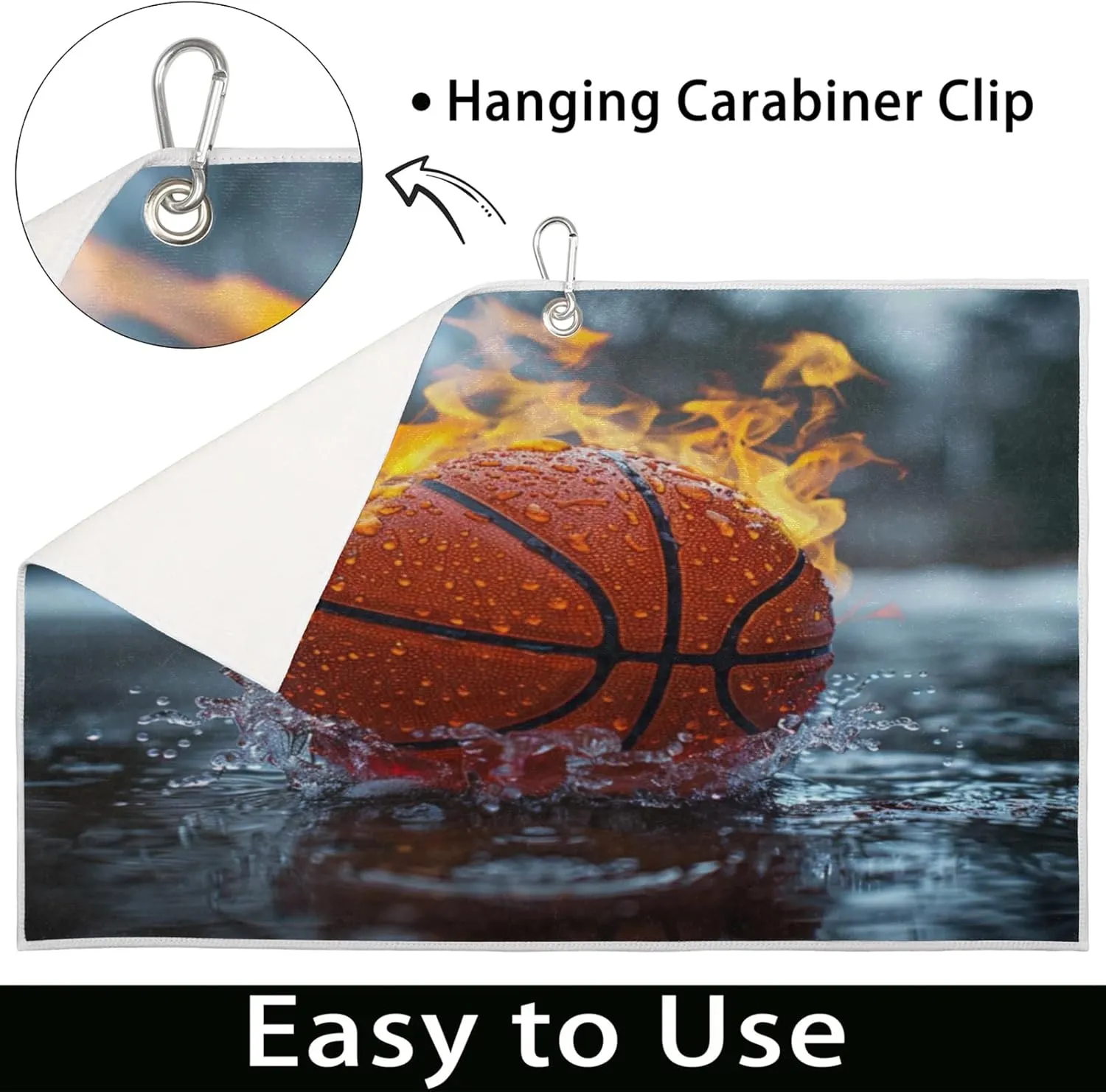 Fire Water Basketball Golf Towel Microfiber Golf Sport Towels for Women Men Golf Bag Accessory with Carabiner Clip Ultra Absorbent Golfing Gear 15" x 24" Golf Towels Hold Golf Carts or Clubs