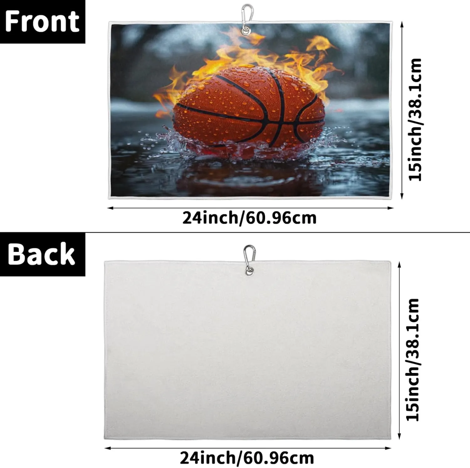 Fire Water Basketball Golf Towel Microfiber Golf Sport Towels for Women Men Golf Bag Accessory with Carabiner Clip Ultra Absorbent Golfing Gear 15" x 24" Golf Towels Hold Golf Carts or Clubs