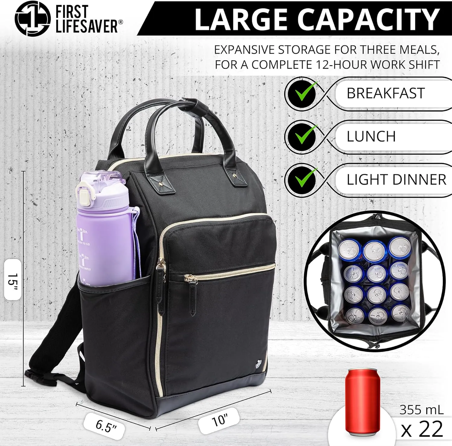 First Lifesaver Backpack Cooler, Lunch Bag with Insulated Leak-Proof Thermal for Women, Nurses, Nursing Students (Black Gold)