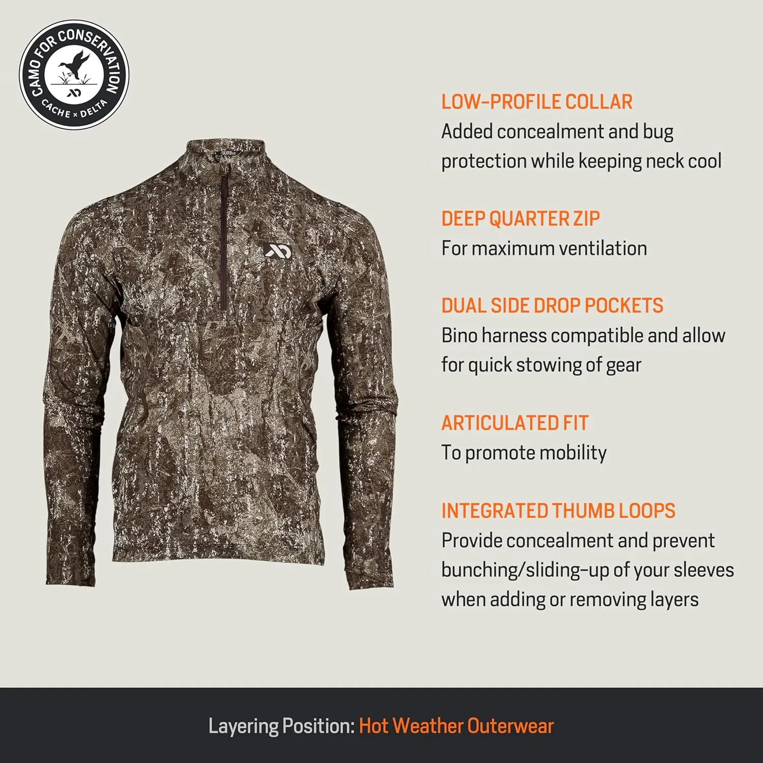 First Lite Men's Trace Quarter Zip - Ultralight Breathable Camo Hunting Shirt