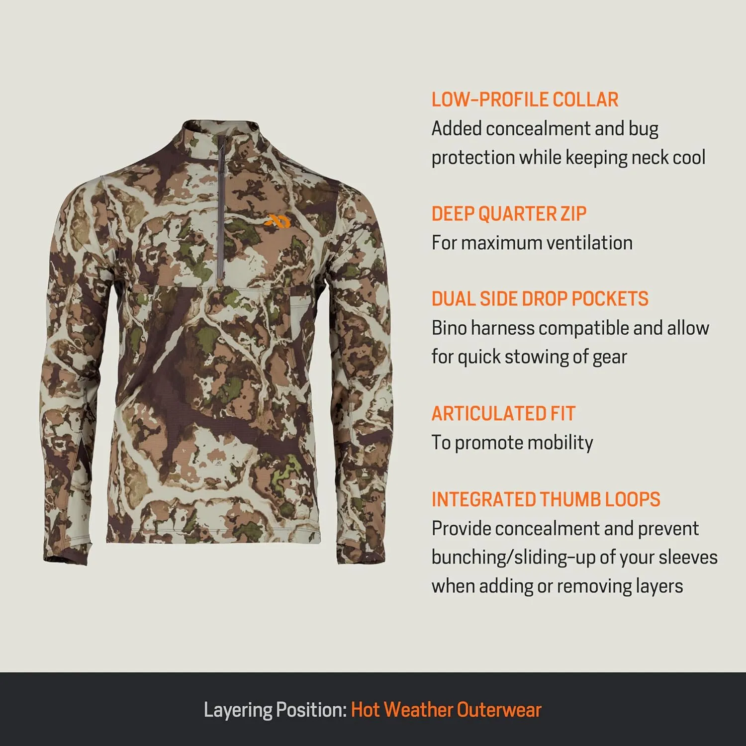 First Lite Men's Trace Quarter Zip - Ultralight Breathable Camo Hunting Shirt