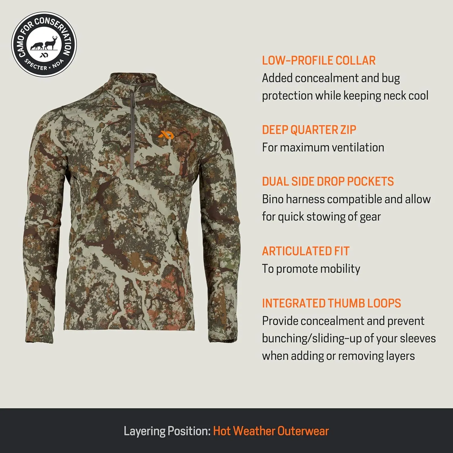 First Lite Men's Trace Quarter Zip - Ultralight Breathable Camo Hunting Shirt