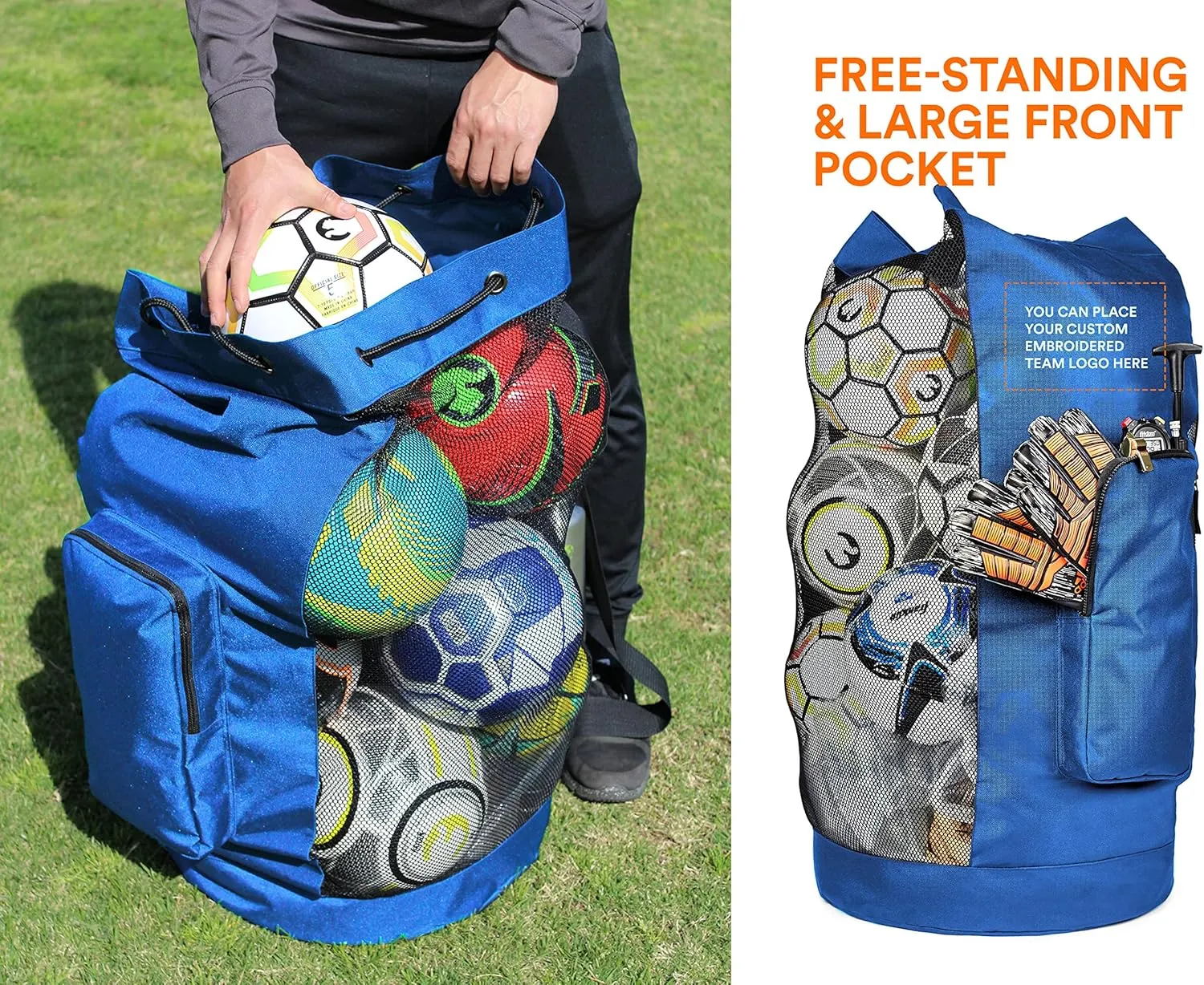 Fitdom Heavy Duty XL Soccer Mesh Equipment Ball Bag w/Adjustable Shoulder Strap Design for Coach. with an Over-Sized Front Pocket for Sporting Accessories. Best for All Outdoor & Water Gears