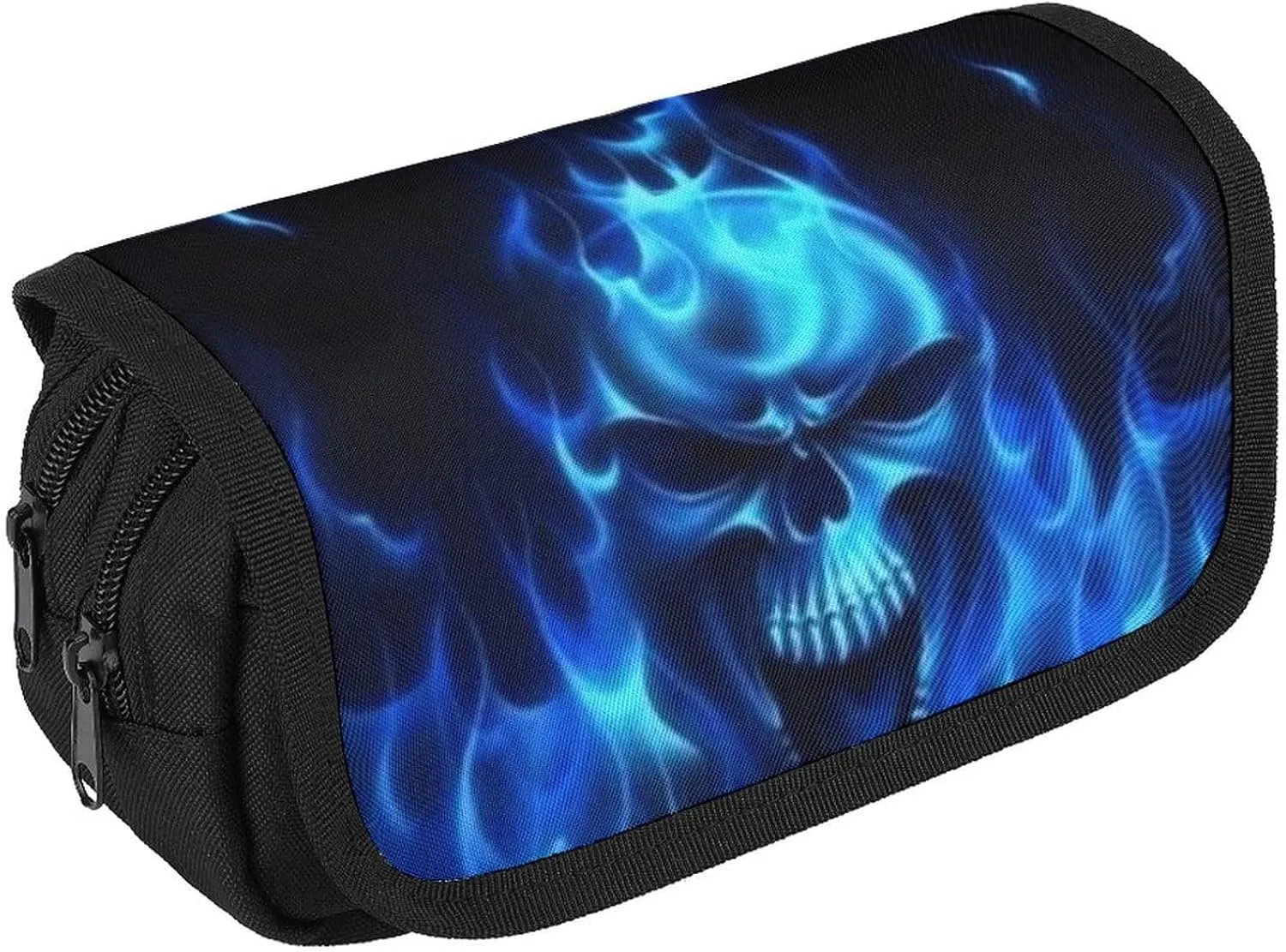 Flaming Blue Cool Skull Double Layer Zippered Pencil Case for Large Capacity Office Stationery Bag