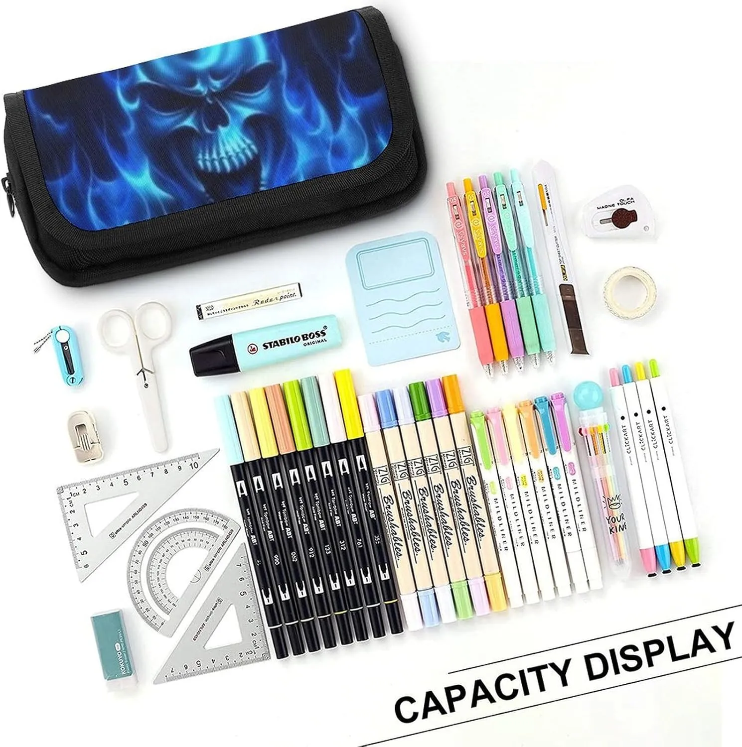 Flaming Blue Cool Skull Double Layer Zippered Pencil Case for Large Capacity Office Stationery Bag