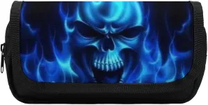 Flaming Blue Cool Skull Double Layer Zippered Pencil Case for Large Capacity Office Stationery Bag