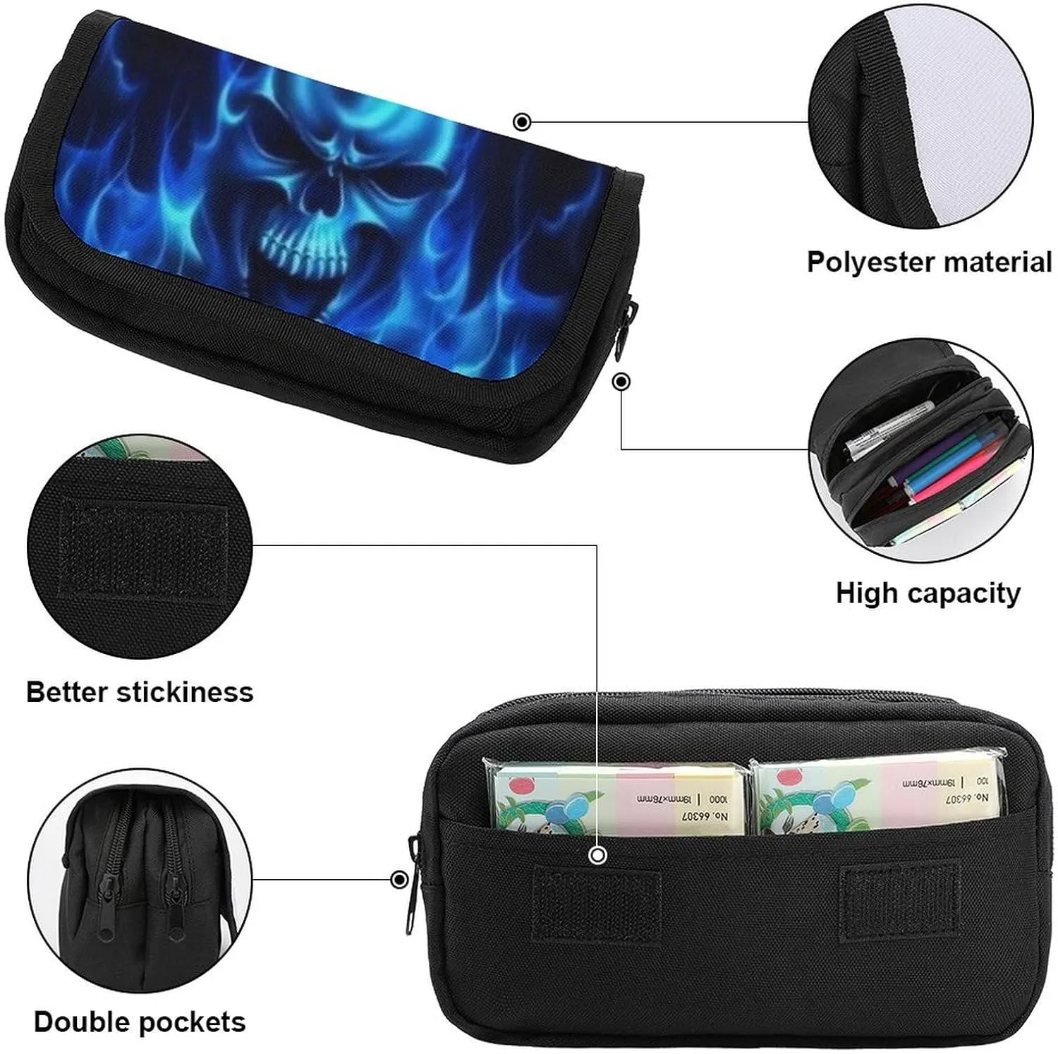 Flaming Blue Cool Skull Double Layer Zippered Pencil Case for Large Capacity Office Stationery Bag