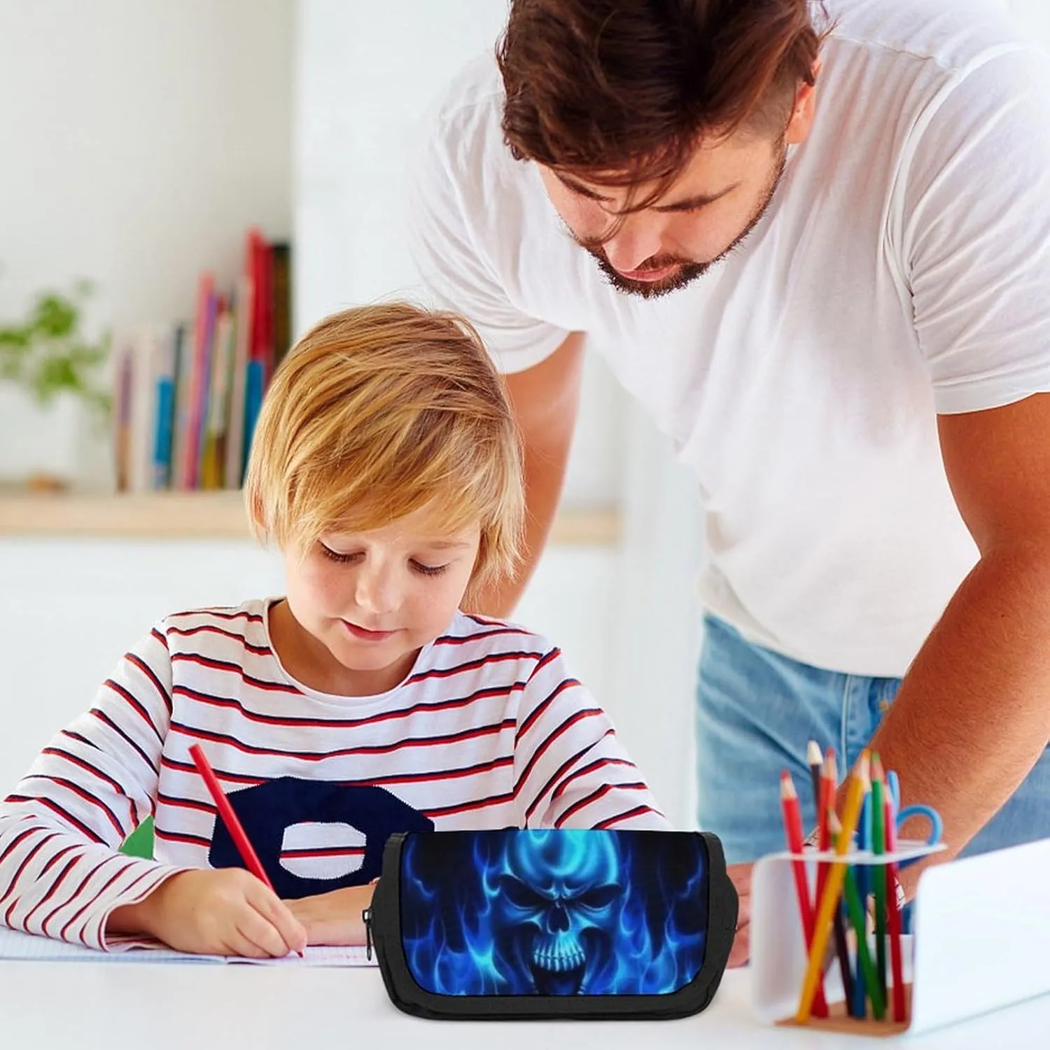 Flaming Blue Cool Skull Double Layer Zippered Pencil Case for Large Capacity Office Stationery Bag