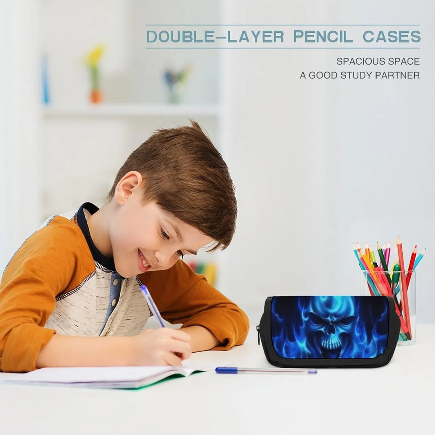 Flaming Blue Cool Skull Double Layer Zippered Pencil Case for Large Capacity Office Stationery Bag