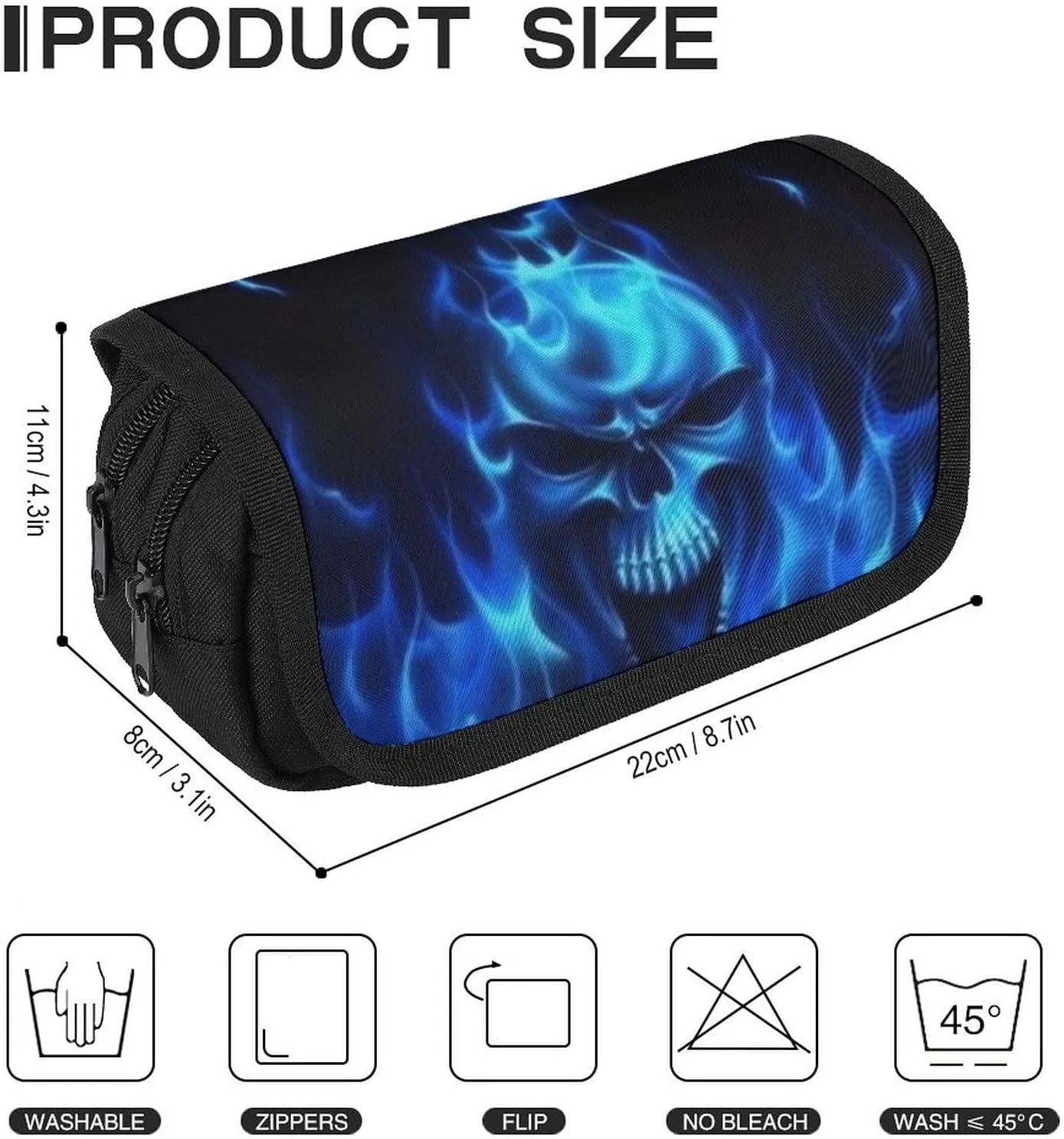 Flaming Blue Cool Skull Double Layer Zippered Pencil Case for Large Capacity Office Stationery Bag