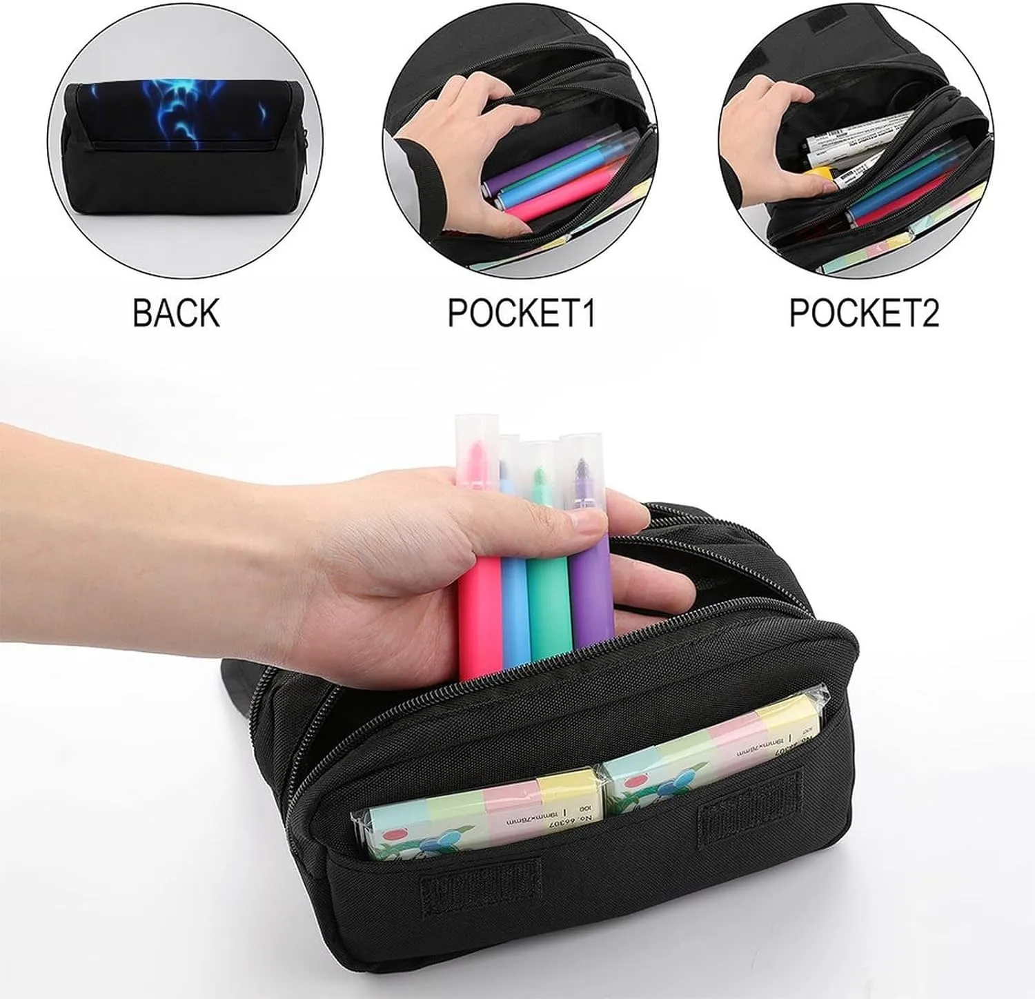 Flaming Blue Cool Skull Double Layer Zippered Pencil Case for Large Capacity Office Stationery Bag