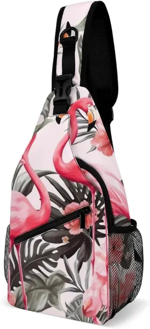 Flamingo Floral Printed Sling Bag with Rfid Blocking Causal Mens Crossbody Bag Lightweight Chest Pack Large Man Purse Travel Crossbody Backpack Shoulder Sling Backpack for Hiking Running Cycling