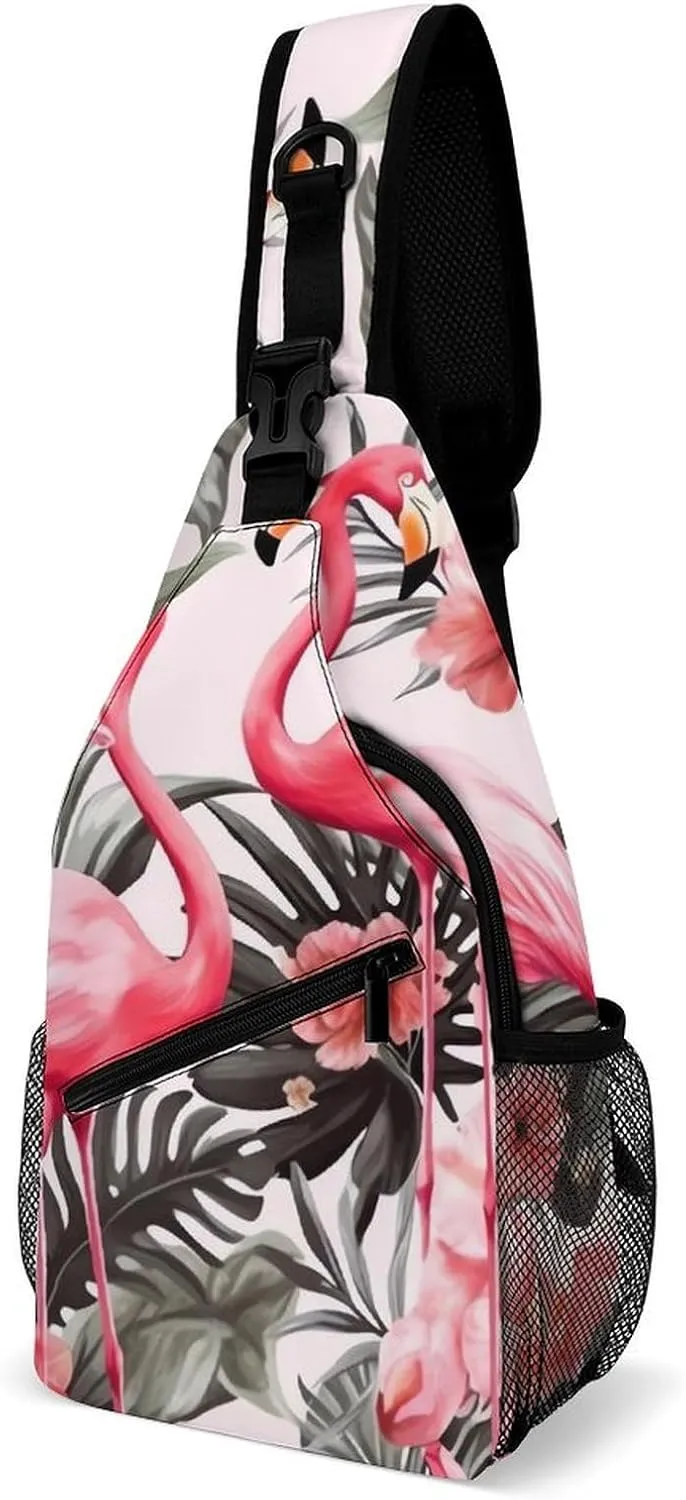 Flamingo Floral Printed Sling Bag with Rfid Blocking Causal Mens Crossbody Bag Lightweight Chest Pack Large Man Purse Travel Crossbody Backpack Shoulder Sling Backpack for Hiking Running Cycling