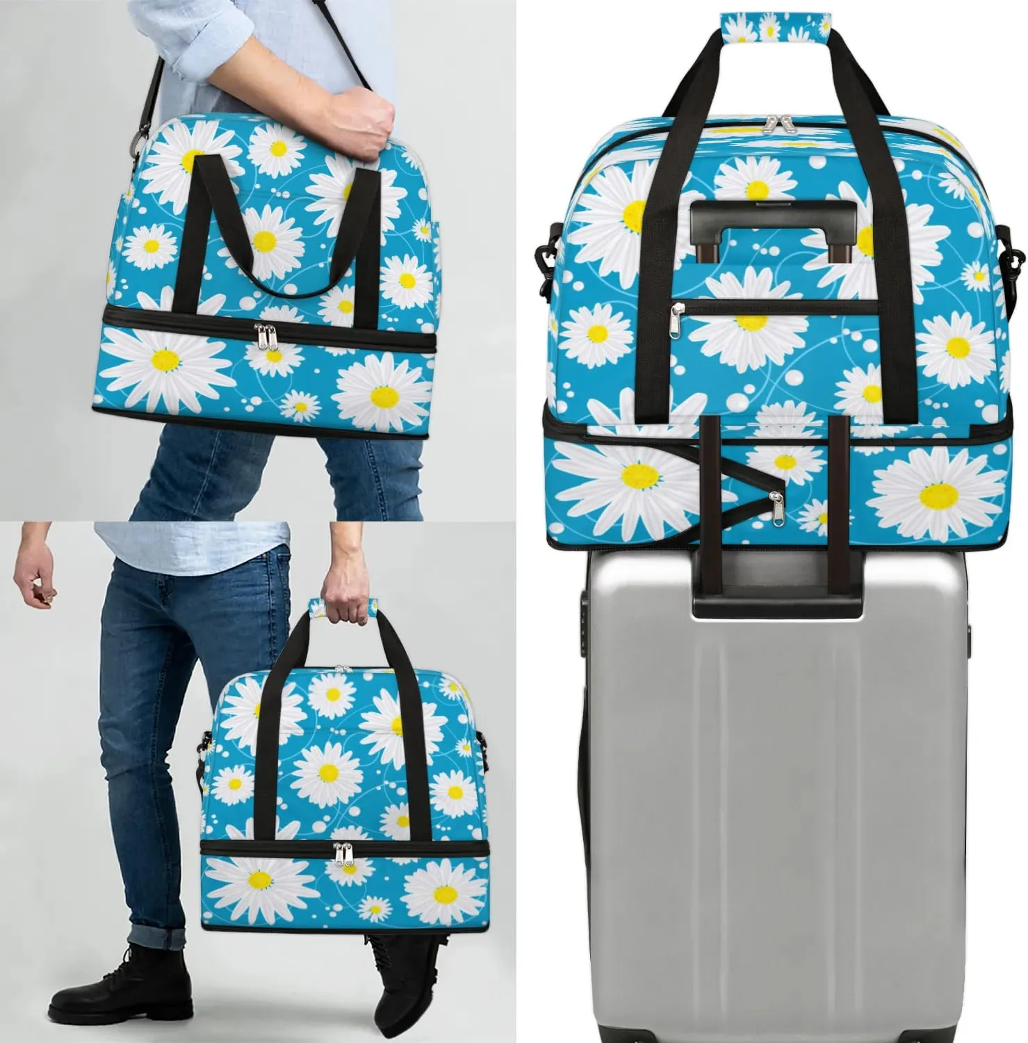 Floral Daisy Petals Sports Gym Bag with Shoes Compartment Foldable Travel Duffel Bag Dry Wet Separated Sports Tote Workout Weekender Overnight Bag for Women Yoga Dance Work Training Handbag