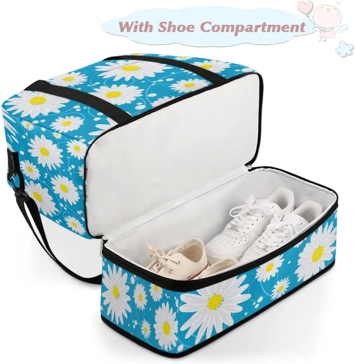 Floral Daisy Petals Sports Gym Bag with Shoes Compartment Foldable Travel Duffel Bag Dry Wet Separated Sports Tote Workout Weekender Overnight Bag for Women Yoga Dance Work Training Handbag