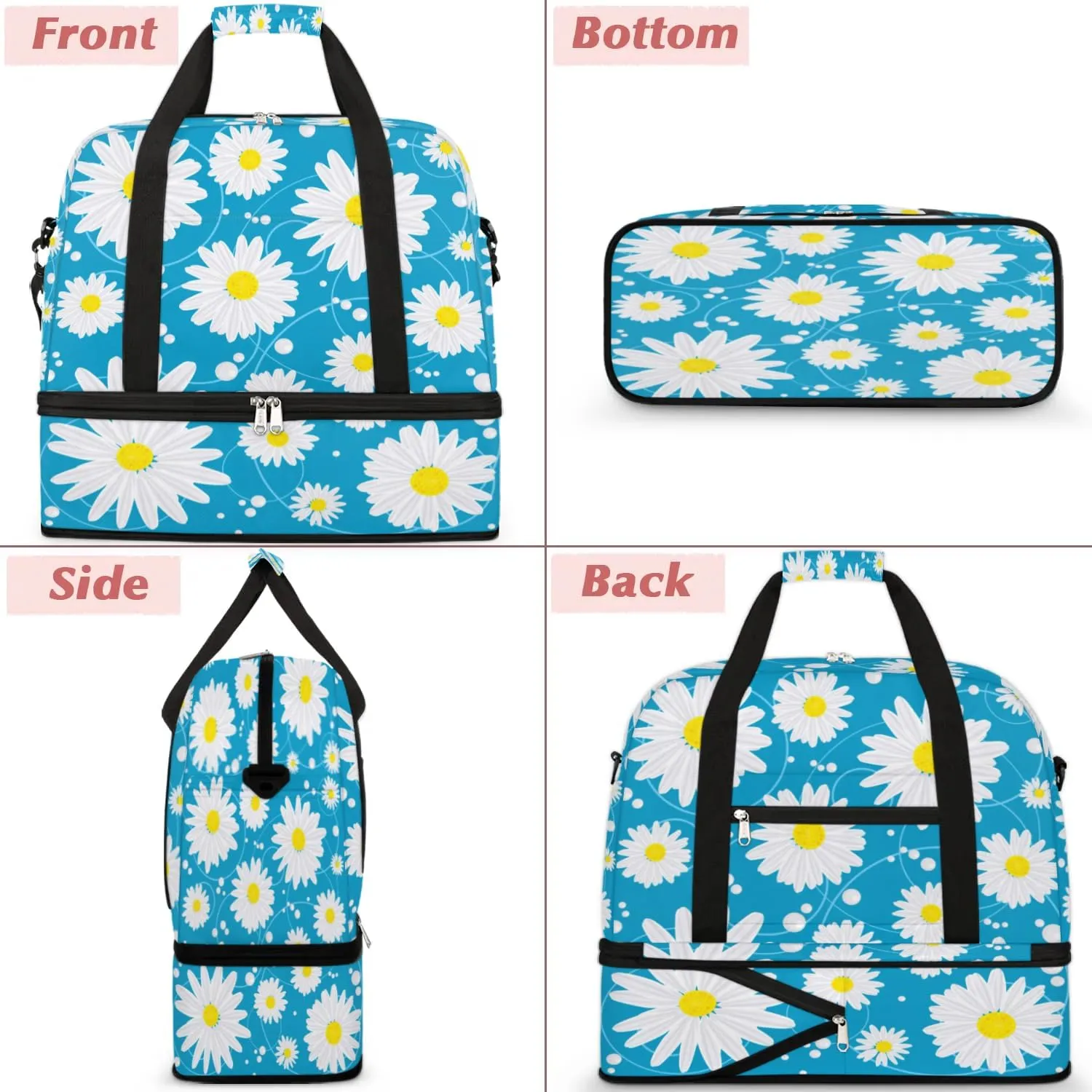 Floral Daisy Petals Sports Gym Bag with Shoes Compartment Foldable Travel Duffel Bag Dry Wet Separated Sports Tote Workout Weekender Overnight Bag for Women Yoga Dance Work Training Handbag