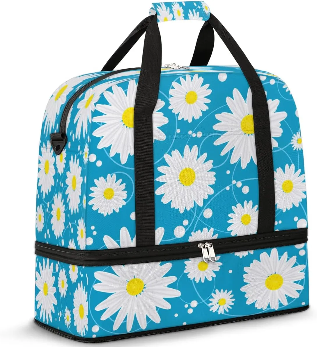 Floral Daisy Petals Sports Gym Bag with Shoes Compartment Foldable Travel Duffel Bag Dry Wet Separated Sports Tote Workout Weekender Overnight Bag for Women Yoga Dance Work Training Handbag