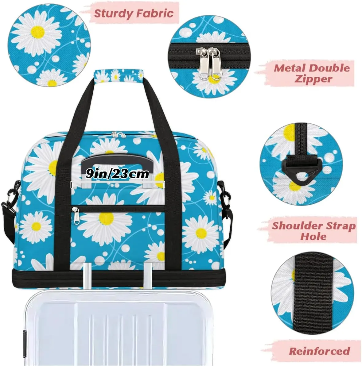 Floral Daisy Petals Sports Gym Bag with Shoes Compartment Foldable Travel Duffel Bag Dry Wet Separated Sports Tote Workout Weekender Overnight Bag for Women Yoga Dance Work Training Handbag