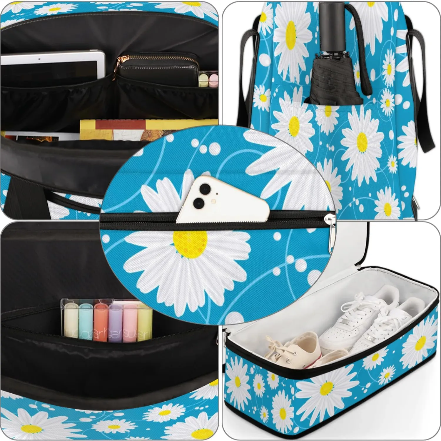 Floral Daisy Petals Sports Gym Bag with Shoes Compartment Foldable Travel Duffel Bag Dry Wet Separated Sports Tote Workout Weekender Overnight Bag for Women Yoga Dance Work Training Handbag