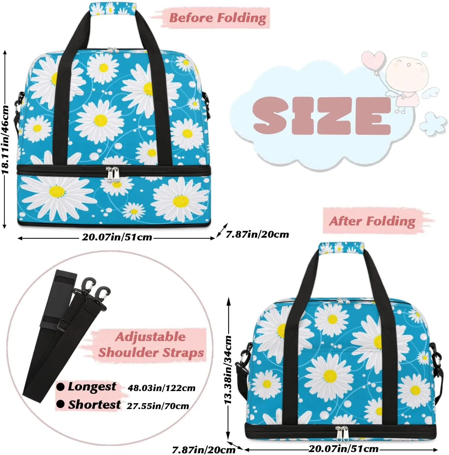 Floral Daisy Petals Sports Gym Bag with Shoes Compartment Foldable Travel Duffel Bag Dry Wet Separated Sports Tote Workout Weekender Overnight Bag for Women Yoga Dance Work Training Handbag