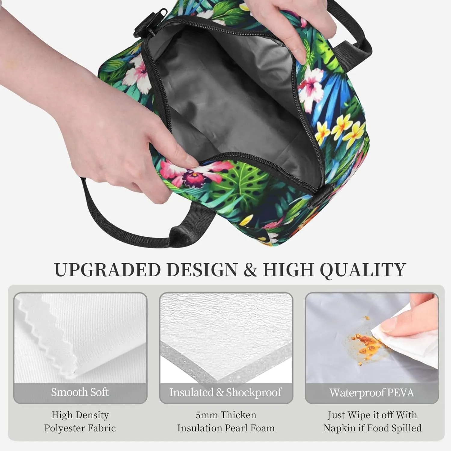 Flower Bush Green Leaves Lunch Bag Hand Tote Crossbody Insulated Lunch Bag Large Portable Lunch Box