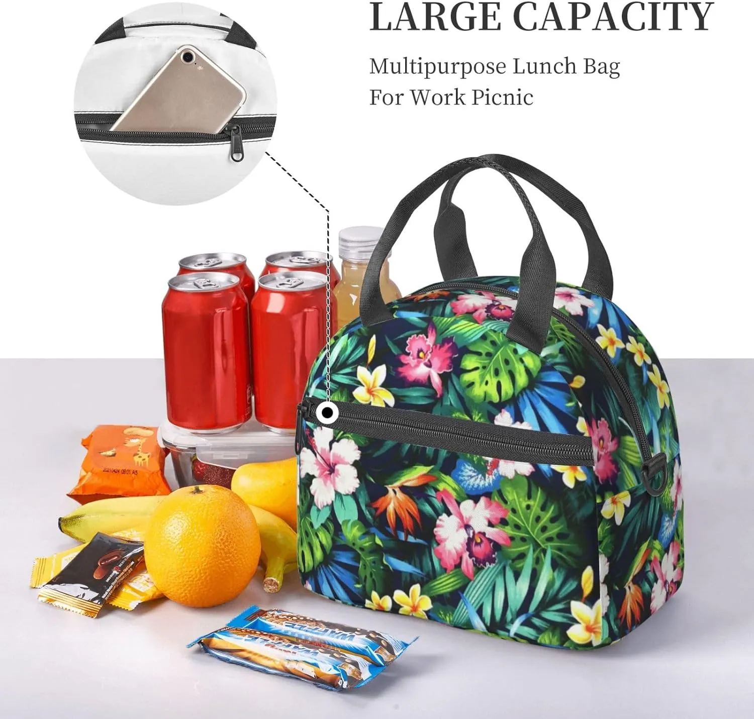 Flower Bush Green Leaves Lunch Bag Hand Tote Crossbody Insulated Lunch Bag Large Portable Lunch Box
