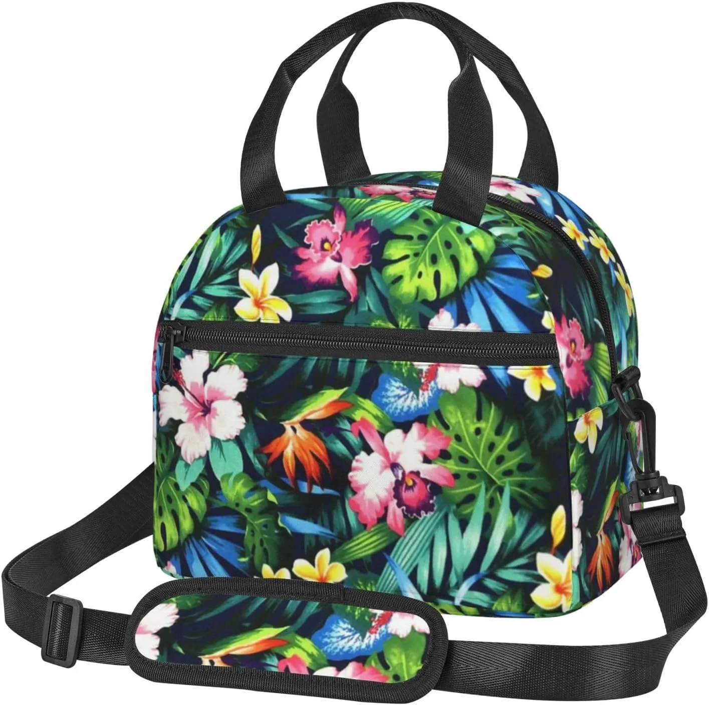 Flower Bush Green Leaves Lunch Bag Hand Tote Crossbody Insulated Lunch Bag Large Portable Lunch Box