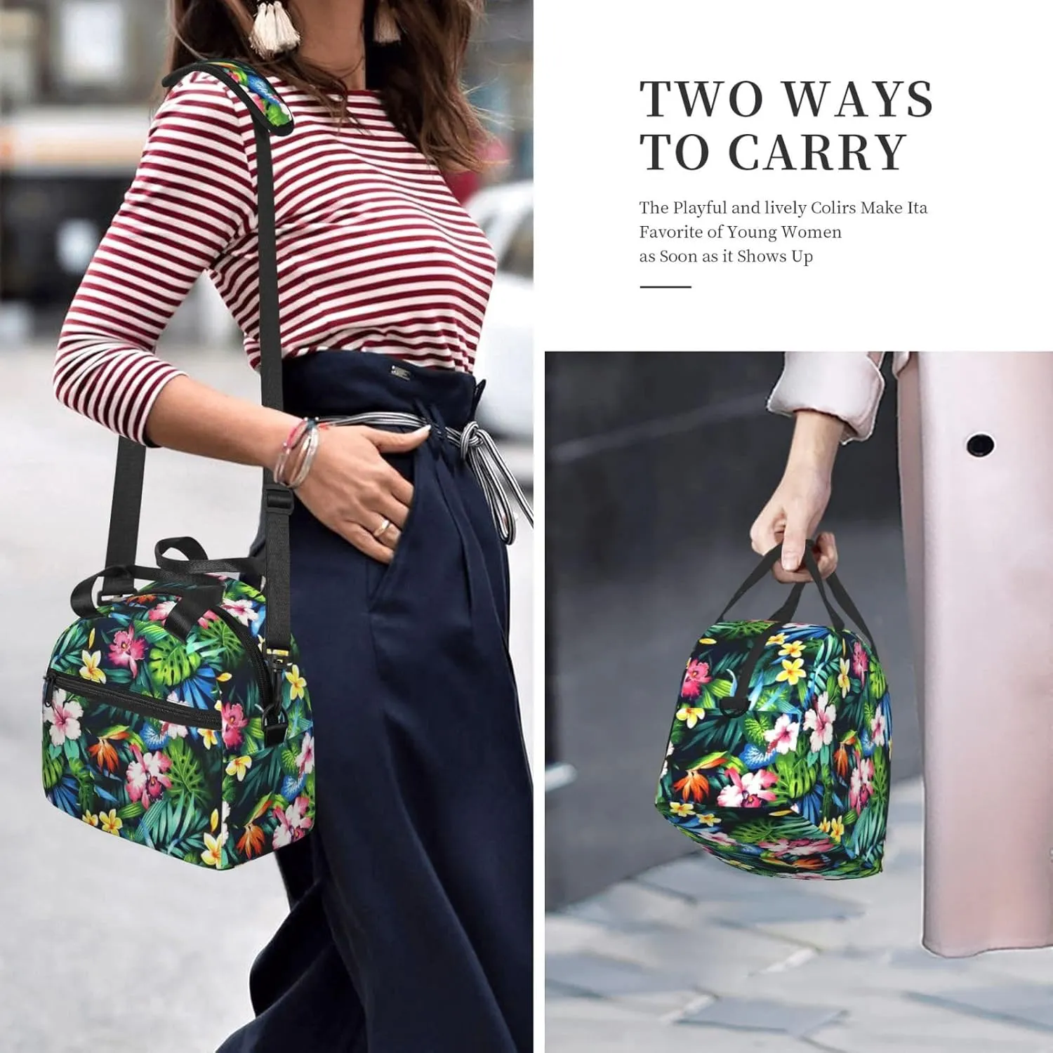 Flower Bush Green Leaves Lunch Bag Hand Tote Crossbody Insulated Lunch Bag Large Portable Lunch Box