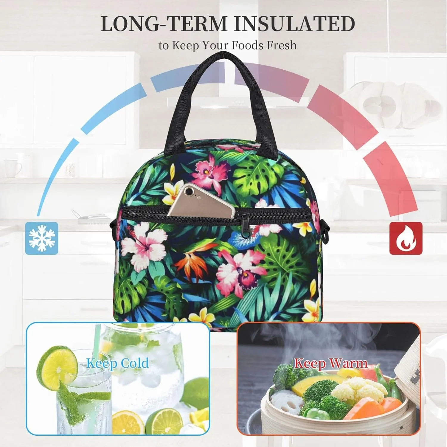 Flower Bush Green Leaves Lunch Bag Hand Tote Crossbody Insulated Lunch Bag Large Portable Lunch Box