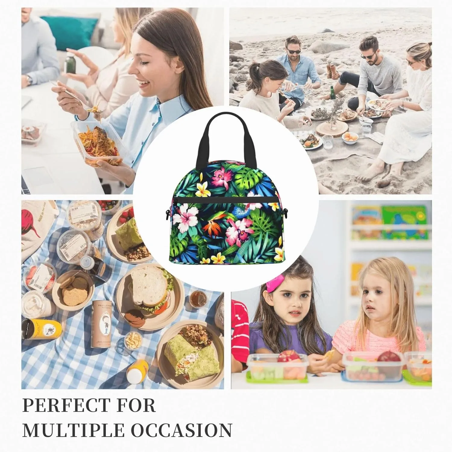 Flower Bush Green Leaves Lunch Bag Hand Tote Crossbody Insulated Lunch Bag Large Portable Lunch Box