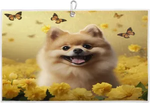 Flower Cute Dog Butterfly Golf Towel with Heavy Duty Carabiner Ultra Absorbent Quick Dry Perfect for Cleaning Clubs Balls Gear Essential Golf Accessory for Men Women Kids
