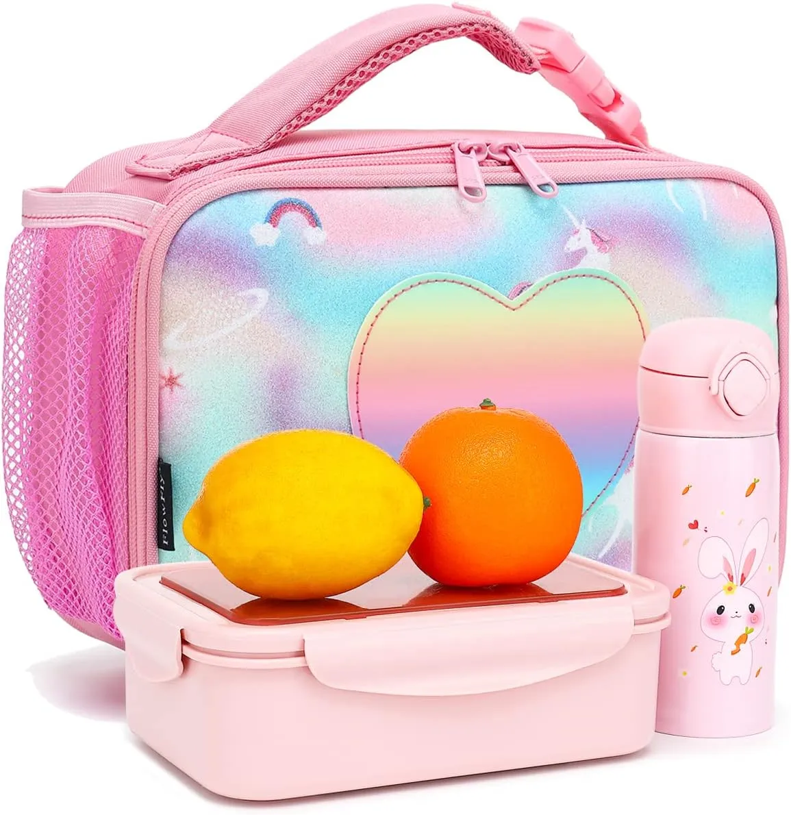 FlowFly Kids Lunch box Insulated Soft Bag Mini Cooler Back to School Thermal Meal Tote Kit for Girls, Boys, Glitter-Unicorn