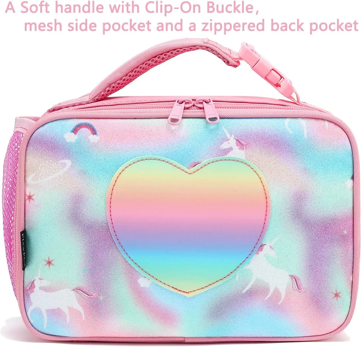 FlowFly Kids Lunch box Insulated Soft Bag Mini Cooler Back to School Thermal Meal Tote Kit for Girls, Boys, Glitter-Unicorn