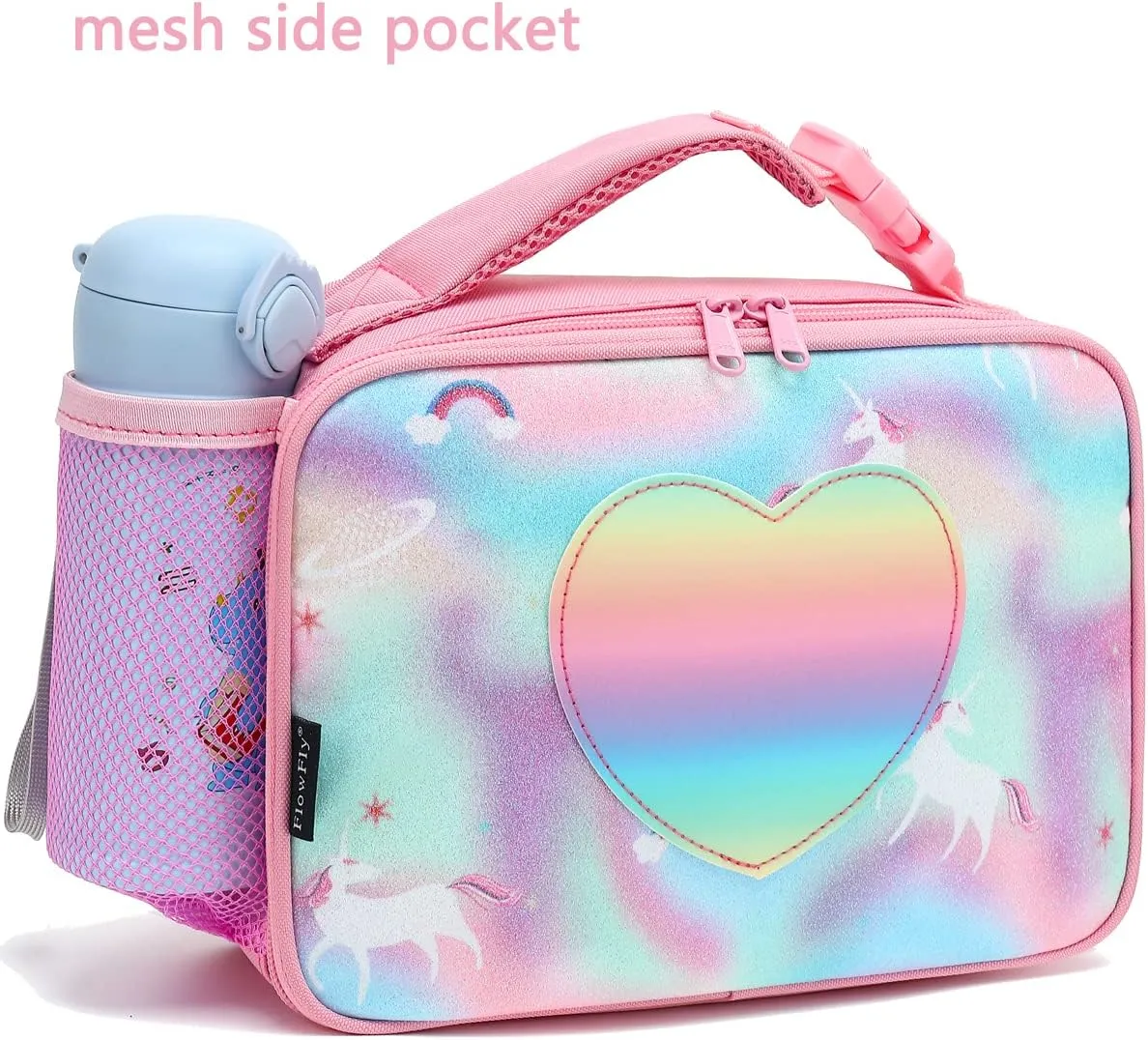 FlowFly Kids Lunch box Insulated Soft Bag Mini Cooler Back to School Thermal Meal Tote Kit for Girls, Boys, Glitter-Unicorn