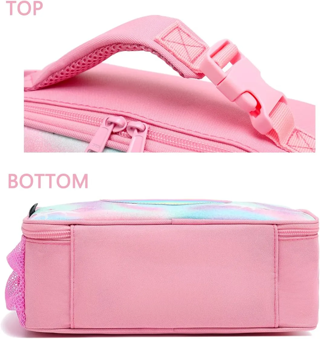 FlowFly Kids Lunch box Insulated Soft Bag Mini Cooler Back to School Thermal Meal Tote Kit for Girls, Boys, Glitter-Unicorn