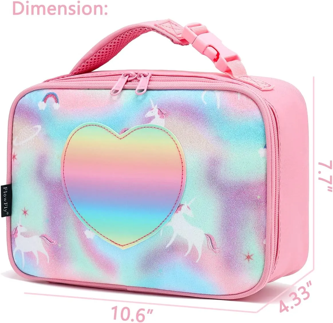 FlowFly Kids Lunch box Insulated Soft Bag Mini Cooler Back to School Thermal Meal Tote Kit for Girls, Boys, Glitter-Unicorn