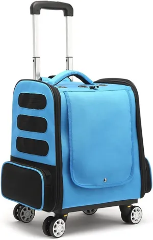 Foldable Pet Travel Trolley, Cat/Dog Backpack Carrier Breathable Pet Travel Bag with Wheels, Dog Transport Box Cat Crate Bag with Pockets (Blue)