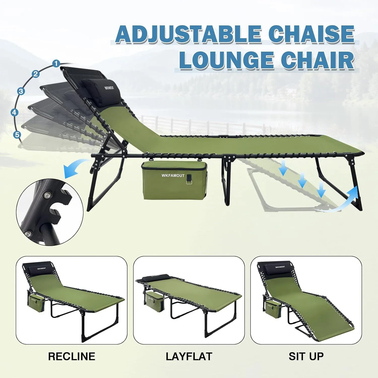 Folding Lounge Chair Outdoor with Insulated Cooler Bag Portable for Outside Patio Chaise Lounge Chair 5-Position with Pillow for Beach Sunbathing Pool Camping Lawn
