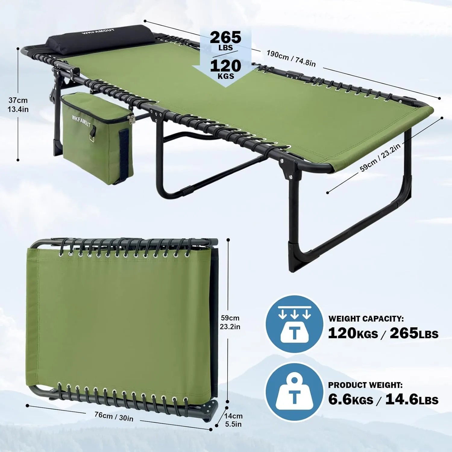 Folding Lounge Chair Outdoor with Insulated Cooler Bag Portable for Outside Patio Chaise Lounge Chair 5-Position with Pillow for Beach Sunbathing Pool Camping Lawn