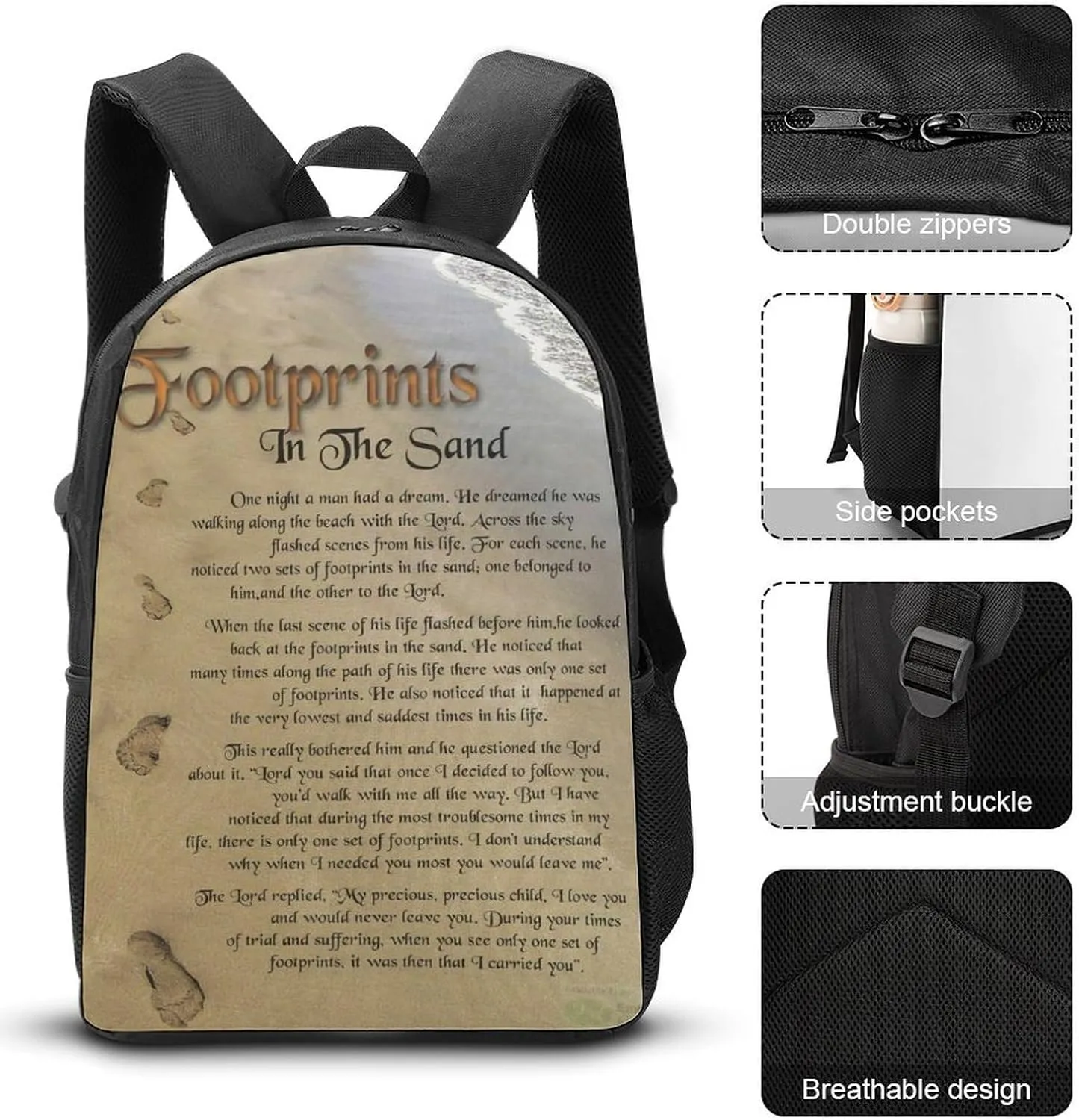 FootprintsinThe Sand Poem Shoulder Backpack Diagonal Lunch Bag Pencil Case Set