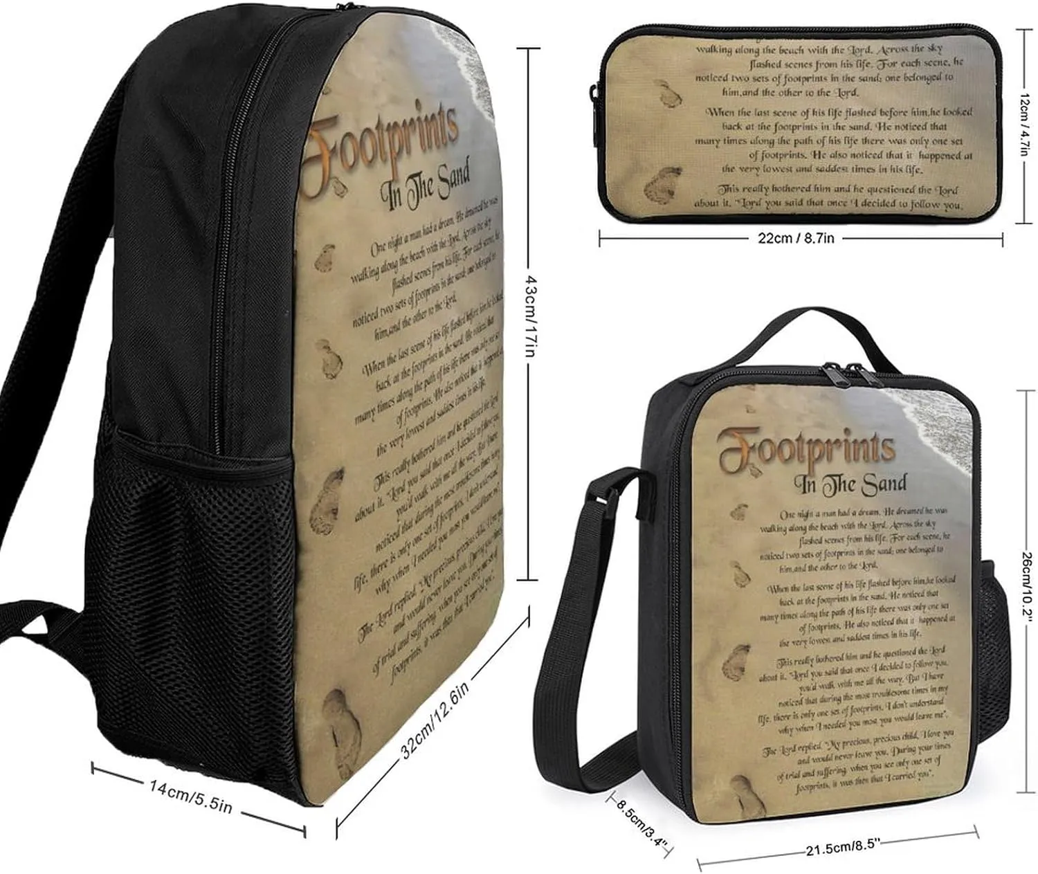 FootprintsinThe Sand Poem Shoulder Backpack Diagonal Lunch Bag Pencil Case Set